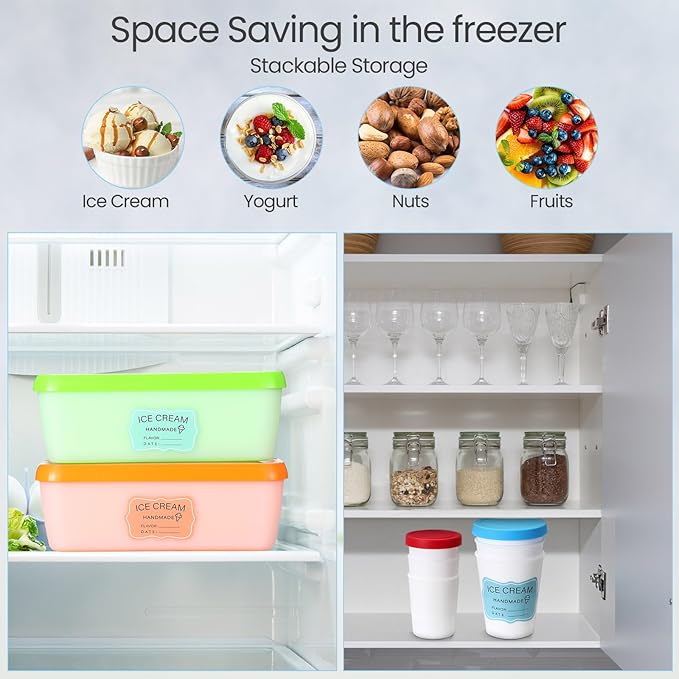 10 Pcs Ice Cream Containers Reusable Plastic Storage Containers for Freezer 1.5 Quart 8 oz 6 oz Homemade Ice Cream Tubs with Silicone Lids Stackable Storage for Gelato, Yogurt, Sorbet