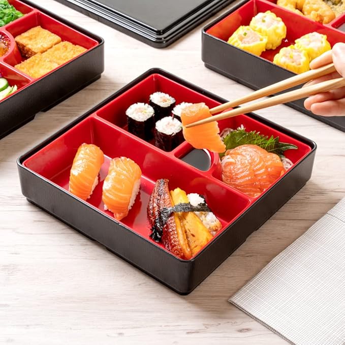 Restaurantware-8.3 x 5.9 Inch 5-Compartment Lunch Container, 1 Japanese Style Adult Lunch Container - 3 Stackable Layers, Black & Red Plastic Divided Lunch Box, Greaseproof, Hot & Cold Food