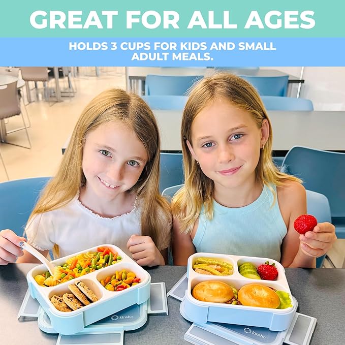 kinsho Medium Bento Box for Kids, Lunch-Box Snack Container for Boys Girls Daycare Pre-School, Leakproof 3 Divider Containers for Lunches Snacks (Pastel Blue +Teal)