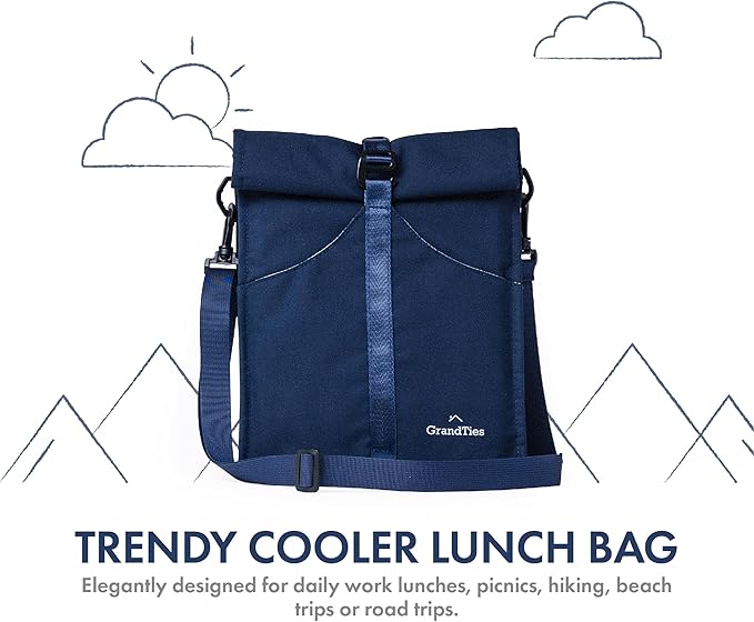GRANDTIES Insulated Lunch Bag for Women, Men, Adult - Rolltop Leak Proof Meal Prep Lunch Box Containers, Reusable Snack Bags, Travel Cooler, Small Soft Cooler Bag, Fold Top Sandwich Bags, Blue