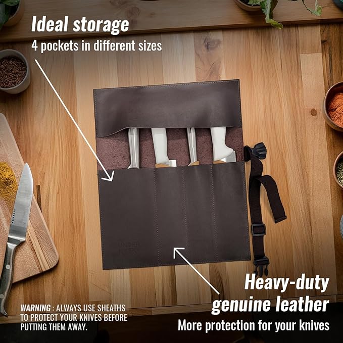 Under NY Sky Genuine Leather Knife Roll Case - 4 Slots - Real Leather Pouch - Portable Bag for Cooking Tools, Utensils, Cutlery Knives, Brushes - Chefs, Kitchen, Travel, Gift - Brown L