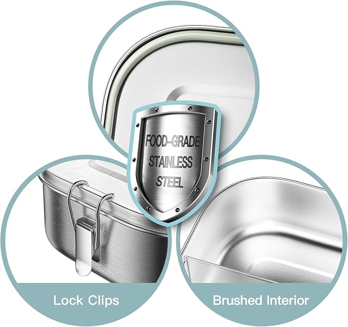 1400ML Stainless Steel Bento Box for Adults, 3-Compartment Metal lunch box with Lockable Clips, 47oz Leak-Proof Food Container for Work, Travel, Dishwasher Safe