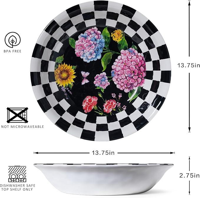 LEHAHA Melamine Large Serving Bowls, Set of 2, Sunflower 13.75" x 2.75" (130 OZ) Pasta and Salad Bowl, Black Plaid Durable for Kitchen, Dishwasher Safe