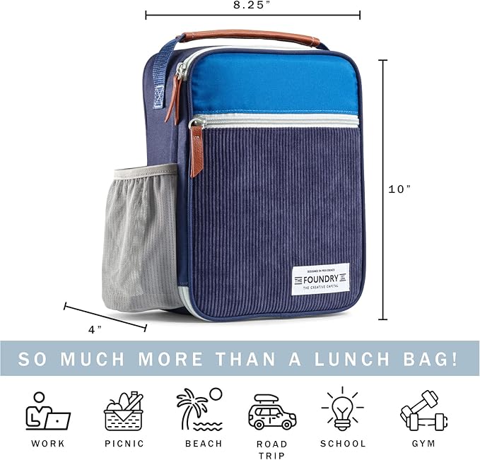 Fit & Fresh Insulated Lunch Box for Kids, Blue, Polyester, 10" x 8.25" x 4", with Side Pocket and Front Zip