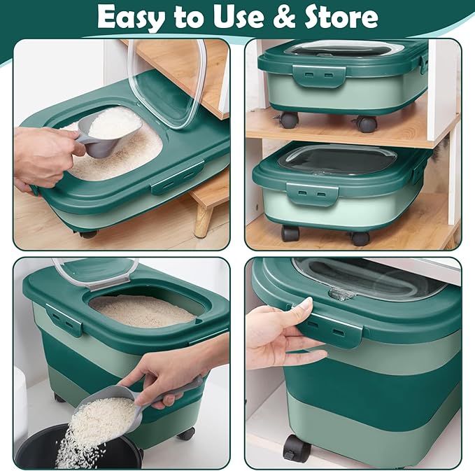Rice Storage Container, 20Lbs Flour Container, Airtight Large Pet Dog Cat Food Storage Dispenser Bin with Wheels, Scoop & Measuring Cup, Collapsible Kitchen Dry Food Holder for Rice Cereal Kibble