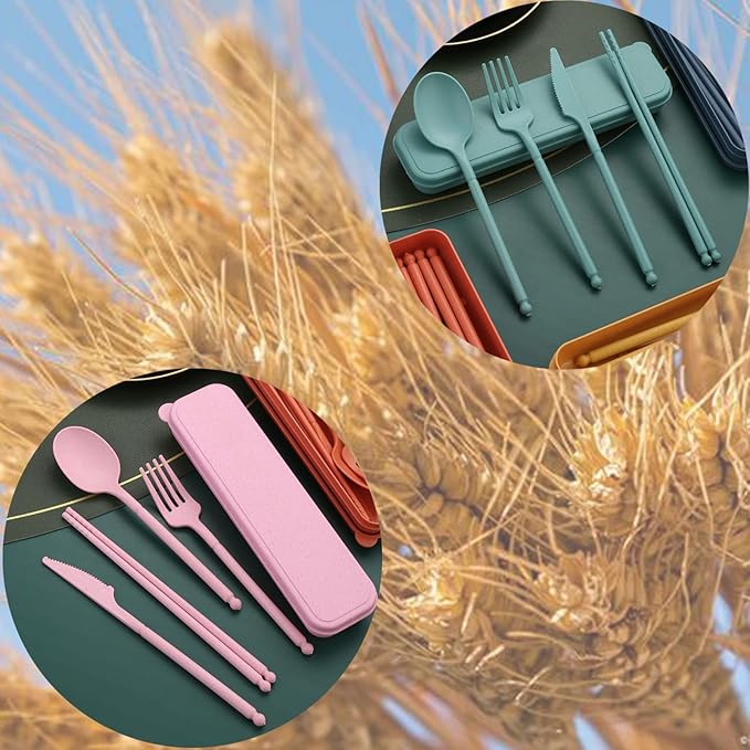 8 Colors Portable Utensils Sets with Case, Wheat Straw Cutlery Set, Reusable Travel Flatware Set, Spoon Fork Knife chopsticks Tableware Set for Outdoor Office Travel Picnic Camping