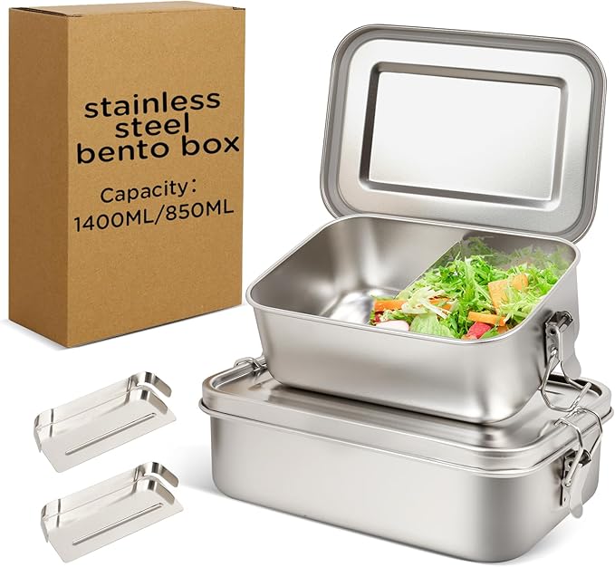 LEEPENK 304 Stainless Steel Lunch Box and Food Containers with Lids 2 Pack 1400/850ml Leak-Proof Adjustable Compartment Metal Bento Box for Travel Work Picnic Adults