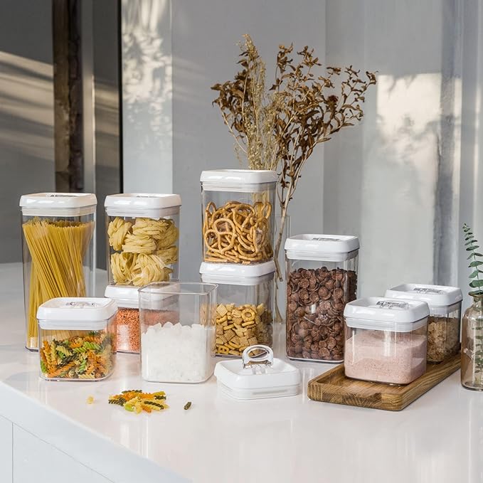 Felli Flip Tite Food Storage Container 5" LARGE 5pk Set + No Residue Label, Airtight Lid Easy Lock Top Stackable, Plastic Canister Jar for Pantry Kitchen Fridge Organizer Pasta Protein Powder Spice