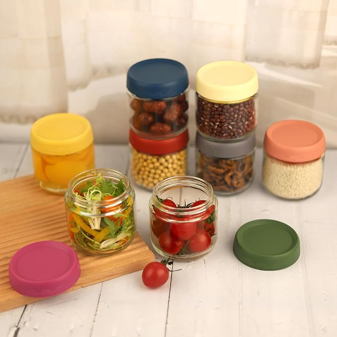 10 OZ Glass Food Jar Storage Containers with Airtight Lids, Reusable Wide Mouth Overnight Oats Glass Mason Jars for Snacks Yogurt Pudding(Multicolor 4pack-2)