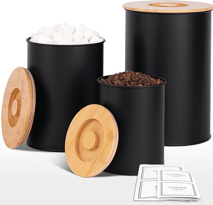 Canisters Sets for Kitchen Countertop, Black Metal Kitchen Canisters Set of 3, Flour and Sugar Storage Containers with Airtight Bamboo Lid and Stickers, Coffee and Tea Storage, Farmhouse Decor