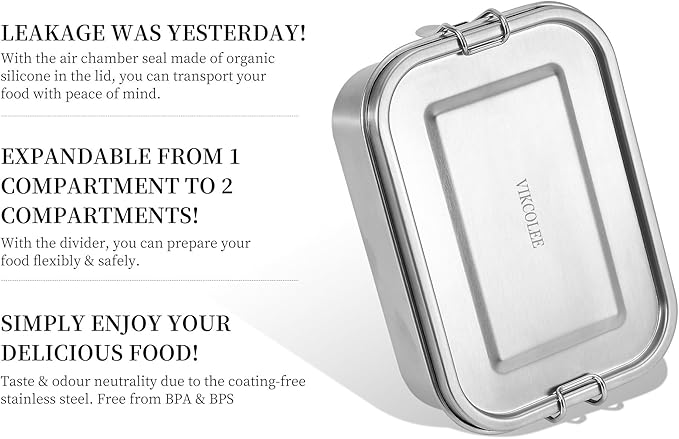 Stainless Steel Bento Box, Metal Lunch Food Container, 800ML Bento Lunch Box for Kids or Adults with Lockable Clips to Leak Proof - BPA-Free - Dishwasher Safe