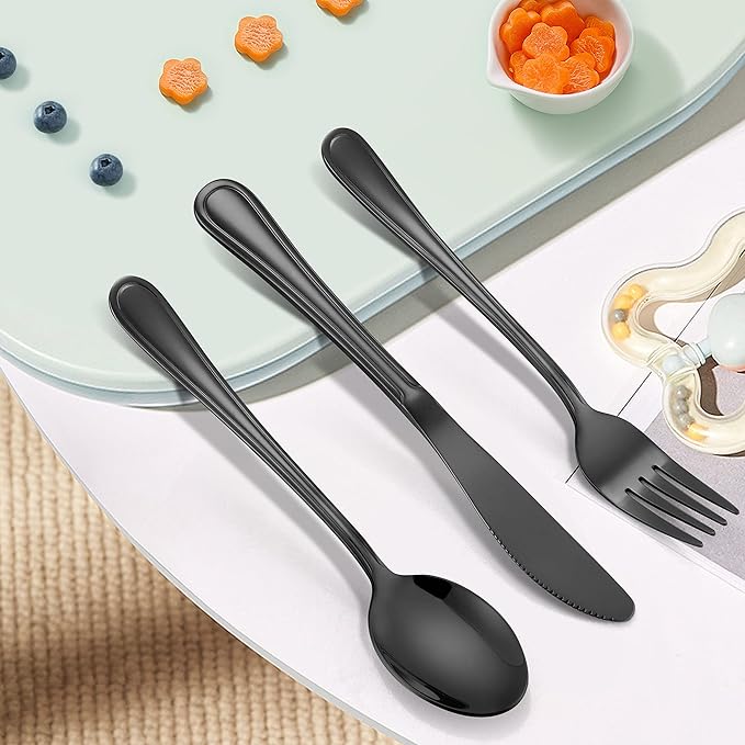 LIANYU 12-Piece Black Kids Silverware Set, Stainless Steel Toddler Utensils Flatware Set, Child Cutlery Tableware for 4, Include knife Fork Spoon, Mirror Finished, Dishwasher Safe