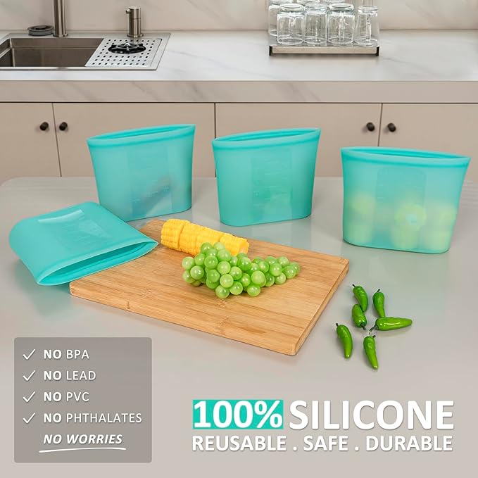 Reusable Freezer Bags Quart Size, 1 Pack, 100% Silicone Stand Up Ziplock Reusable Silicone Food Storage Bags Sandwich Bags Containers, Freezer Microwave Oven Dishwasher Safe, Aqua, 33.8fl.oz