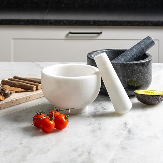 Koville Natural Marble Mortar and Pestle Set, 5" Unpolished Heavy Duty Grinder Bowl for Kitchen, Guacamole, Salsa, Pill Crusher, Spice, Herb, Marble Bowl for Kitchen Counter(Rough Surface Finished)