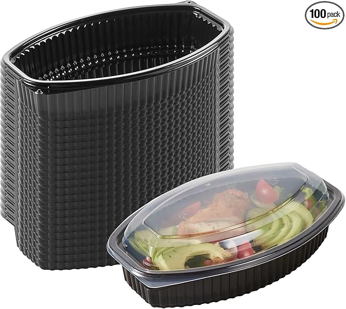 Restaurantware RW Base 28 Ounce Meal Prep Containers, 100 Microwavable To Go Containers With Lids - Disposable, Freezable, Black Plastic Oval Food Containers, Pack Hot And Cold Food, For Takeaway