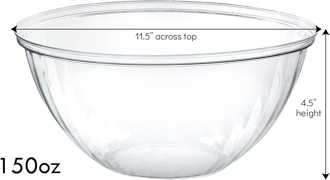 PLASTICPRO Disposable 150 Ounce Round Crystal Clear Plastic Serving Bowls, With Lids Party Snack or Salad Bowl, Chip Bowls, Snack Bowls, Candy Dish, Salad Container Pack of 4