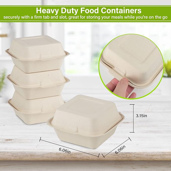 greensight Compostable Take Out Food Container 6X6, 100 Pack Disposable Clamshell Food Containers, To Go Boxes Heavy Duty, Biodegradable Made From Sugarcane Fibers