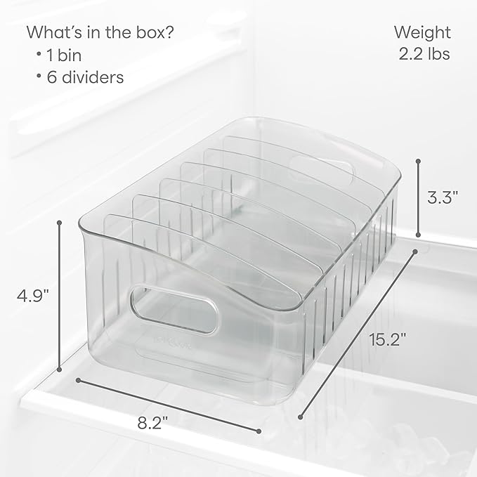 YouCopia FreezeUp Freezer Bin 15", BPA-Free Clear Fridge Organizer with Adjustable Dividers and Handles for Frozen Food and Leftovers (Pack of 6)