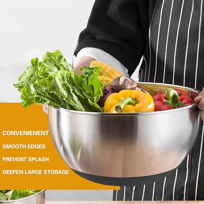 Mixing Bowls with Airtight Lids, 20 piece Stainless Steel Metal Nesting Bowls, Non-Slip Silicone Bottom, Size 7, 3.5, 2.5, 2.0,1.5, 1,0.67QT Great for Mixing, Baking, Serving (Grey)