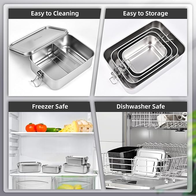 8 PCS Stainless Steel Bento Box 4-Size, Metal Lunch Box, Food Containers, Steel Lunch Container for Home, Work, Camping (550ml+850ml+1400ml+2400ml)*2