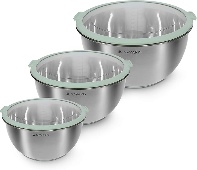 Navaris Stainless Steel Mixing Bowls with Lids (Set of 3) - Small, Medium and Large Mixing Bowl with Lid Set - 1.5 QT, 3 QT, 5 QT - Mint Green