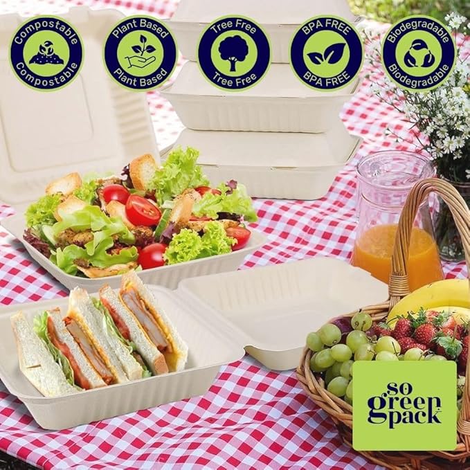 100 Packs Disposable 9x9 Clamshell Take-Out Container Compostable Biodegradable Bagasse & Eco-friendly To Go Container for Food