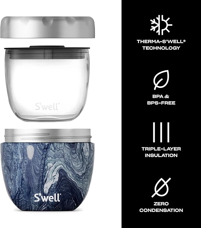 S'well Eats Stainless Steel Food Bowls, 21.5oz, Azurite Marble, Triple-Layered Vacuum-Insulated Containers Keeps Food Cold for 11 Hours and Hot for 7 hours, Condensation Free, BPA Free
