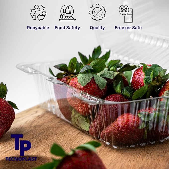 Tecnoplast 25-Pack Clear Plastic Food Containers, Clamshell Take Out Containers, 7 x 4 inch, Perfect for Dessert, Snacks, and Meals