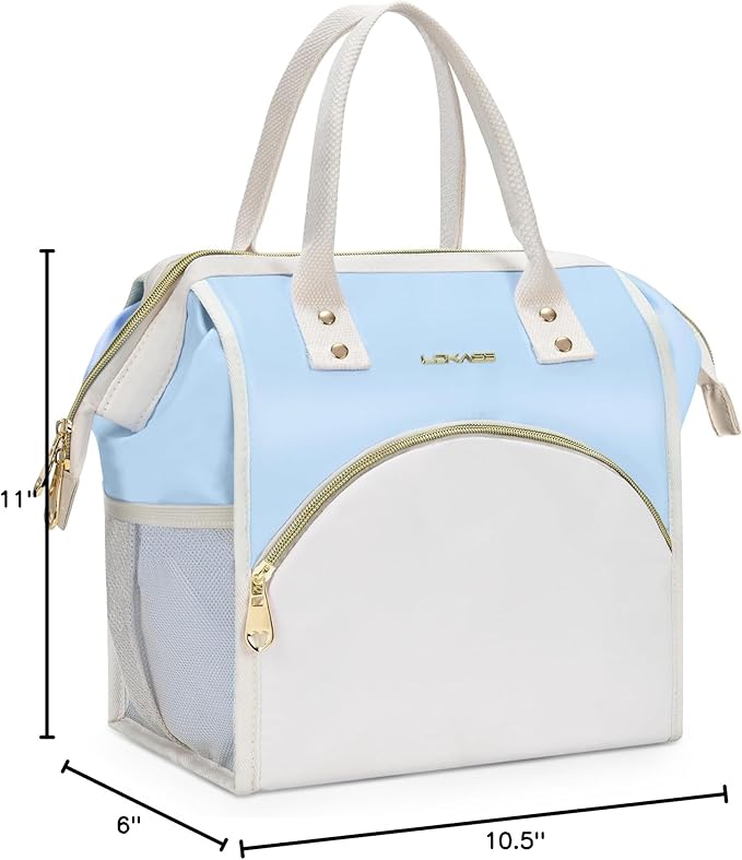 LOKASS Lunch Bag Women Insulated Lunch Box, Wide-Open Lunch Tote Bag Leak-proof Cooler Bag for Work Picnic-(Sky Blue)