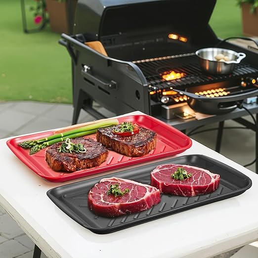 VEVOR Plastic Serving Trays, 2-Pack Grilling Prep and Serve Trays with Handles, 17x10.35 Inch Anti-Slip Melamine Food Tray, Ideal for BBQ, Kitchen, Cafeteria, Ottoman, Coffee Table, Black and Red