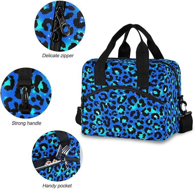 MNSRUU Insulated Lunch Bag - Blue Green Leopard Lunch Box Cooler Bag with Adjustable Shoulder Strap for Work School