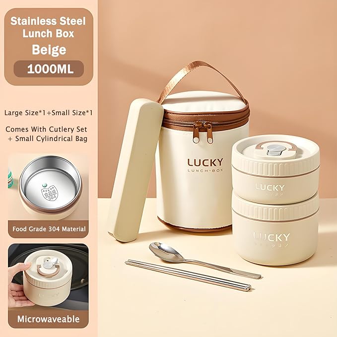 Stainless Steel Lunch Box, 3-Tier Insulated Bento Box Microwave Safe Soup Bowl for Adults, Thermal Food Container for Office Workers (Beige, 3pcs + Tableware + Insulated Bag)
