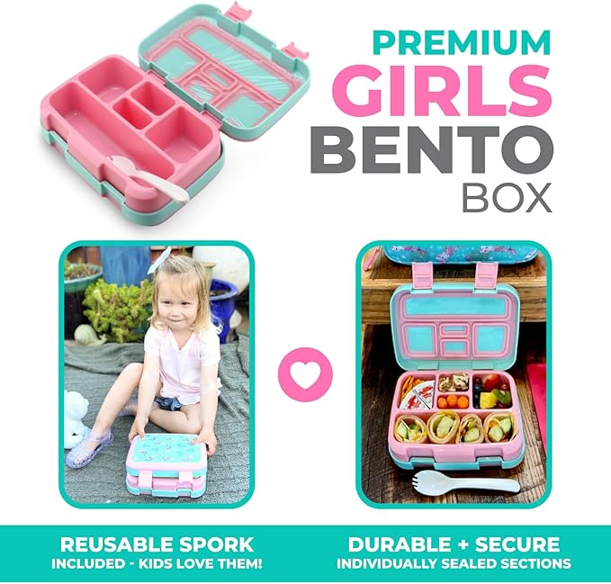 Kinsho Bento Lunch Box for Kids Toddlers, 5 Portion Control Sections, BPA Free Removable Plastic Tray, Pre-School Kid Toddler Daycare Lunches, Snack Container Ages 3 to 7 (Aqua Cat Mermaid)
