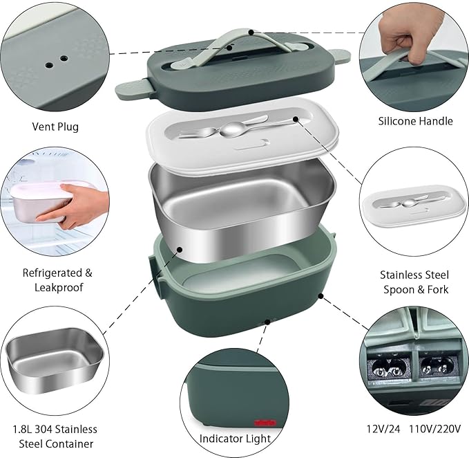 120W Electric Lunch Box Food Heater, 1.8L 5 IN 1 12V/24V/110V/220V/230V Heated Lunch Boxes For Adults/Work/Car/Truck/Home, Dual-Lid Portable Food Warmer Lunch Box With 0.45L Compartment