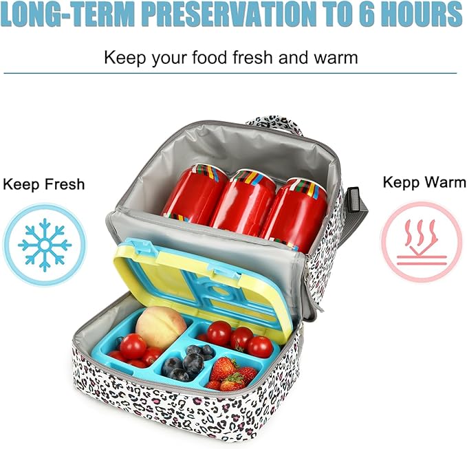 Tilami Lunch Bags Insulated Adjustable Strap Zipper, Water-Resistant Cooler Bags, Bento Bags for Kids Toddlers, Leopard