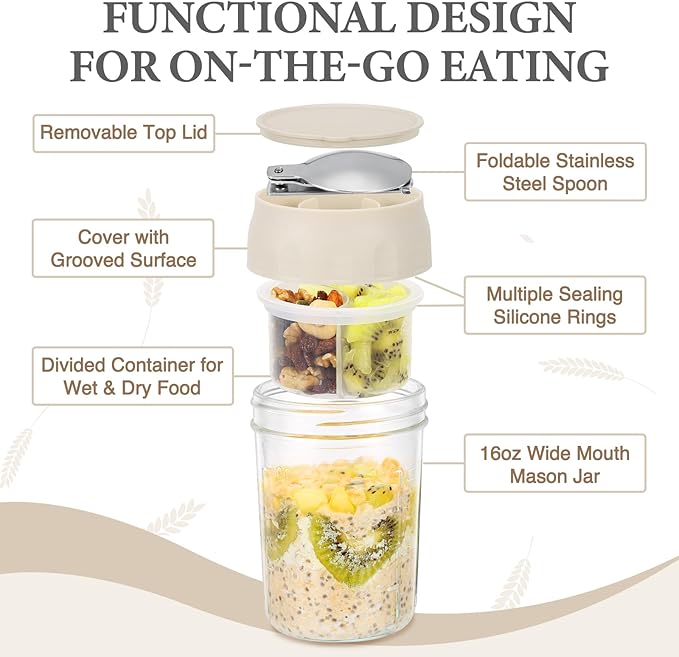SOLIGT 2 Pack Overnight Oats Containers with Lids, Folding Spoons and Divided Compartments for Fruit & Nuts, Small Glass 16oz Mason Jars for Oatmeal Yogurt Parfait (2 Set-Oat White/Oat White)