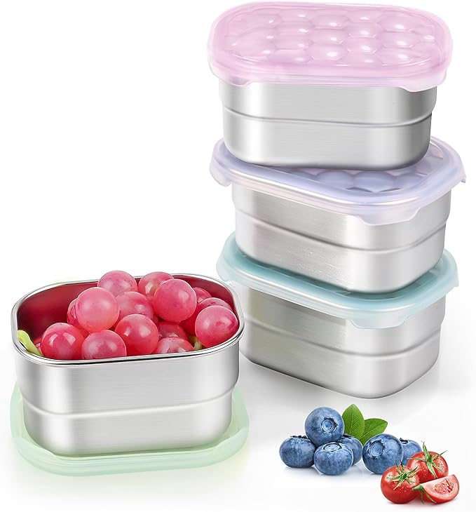 Small (1 CUP) Stainless Steel Snack Containers for Kids and Toddlers | Easy Open Leak Proof Food Containers with Silicone Lids - Perfect Metal Lunch Box for Daycare and School (8oz, Set of 4)