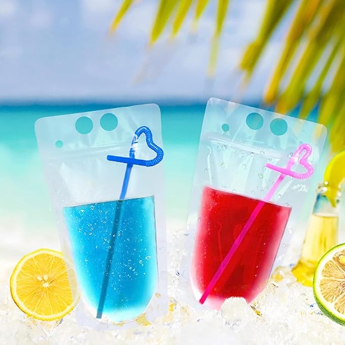 100Pcs double zip pouches drink Bags with 100 Straws,&30 Popsicle Bags Heavy-duty Handheld Foldable Ice Beverage Bags for Smoothies, Cold & Hot Drinks
