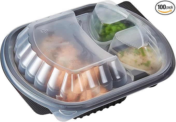 RW Base 27 Ounce Meal Prep Containers, 100 Microwavable To Go Containers With Lids - 3 Compartments, Disposable, Black Plastic Oval Food Containers, For Hot And Cold Food, Freezable - Restaurantware