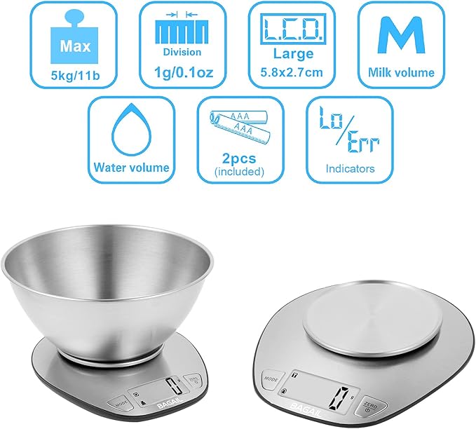 BAGAIL BASICS Electronic Kitchen Scale Premium Large Display Backing Scale Wet and Dry Food Weighing Scale with Stainless Steel Mixing Bowl - 5kg