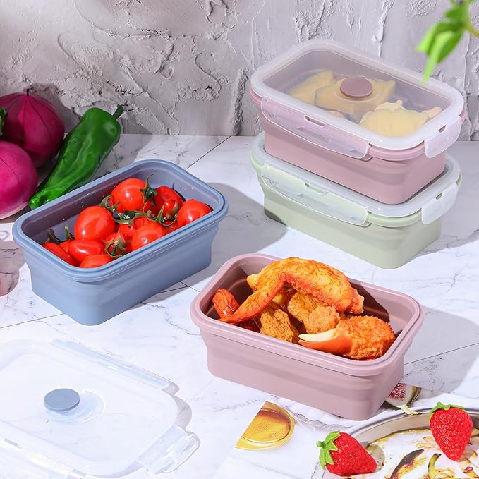 Mifoci 6 Pcs Silicone Food Containers 18.6 oz Collapsible Storage Containers with Airtight Lids Stacking Meal Prep Lunch Leftover Food Fruits Storage Foldable Box for Freezer Microwave Dishwasher Safe