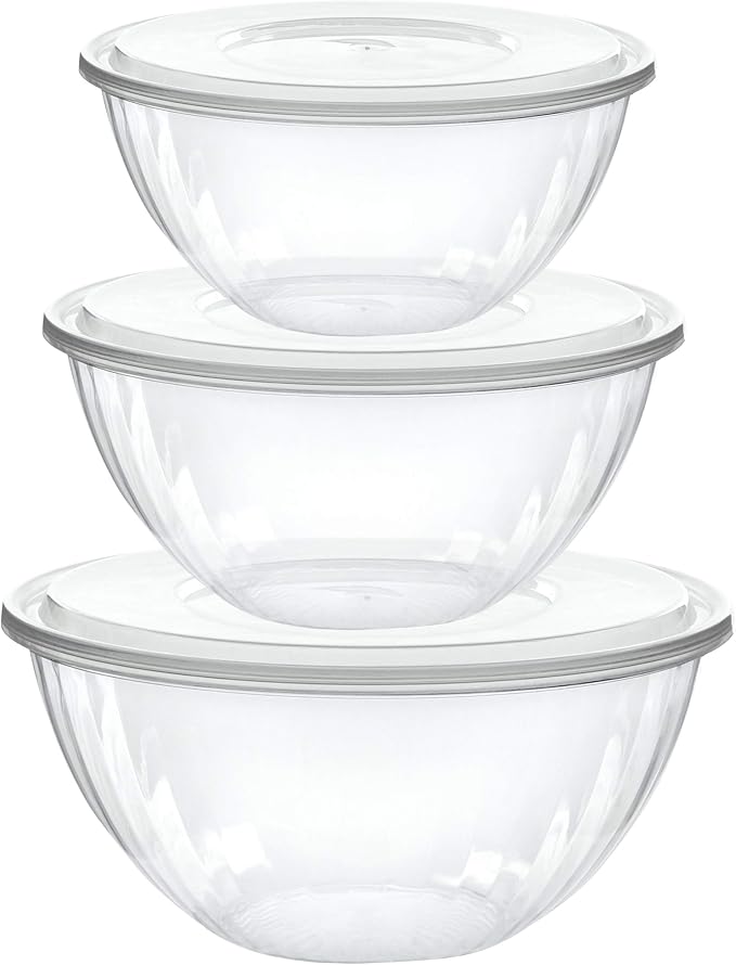 PLASTICPRO Disposable Combo Set of Salad Bowl With Lids Includes 4, 48 Ounce 4, 96 oz 4, 150 Ounce Round Crystal Clear Plastic Serving Bowl