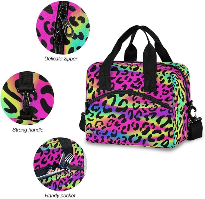 MNSRUU Insulated Lunch Bag - Rainbow Leopard Print Cheetah Neo Lunch Box Women & Men Cooler Bag Reusable Leakproof with Adjustable Shoulder Strap For Work & School
