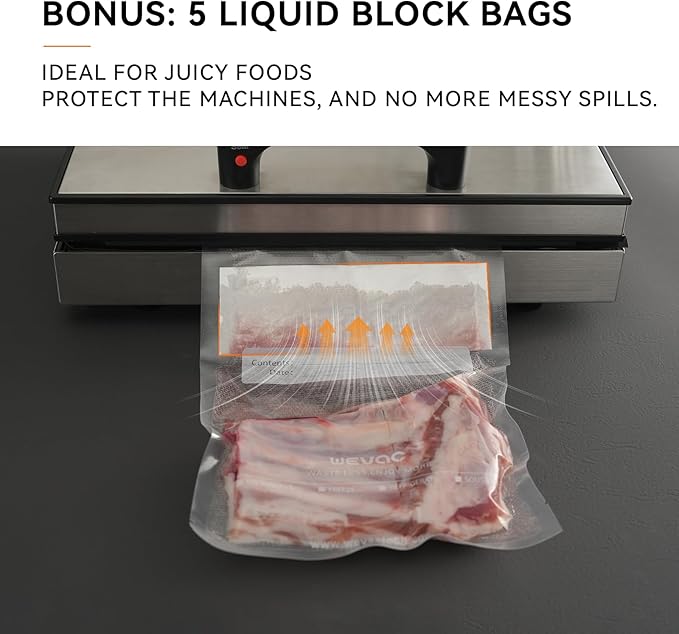 8" x 12" Precut Vacuum Sealer Bags, 200 Count, Includes 5 Liquid Block Bags & 5 Bone Guard Pieces, Heavy Duty for Food Storage, Sous Vide & Meal Prep, Wevac