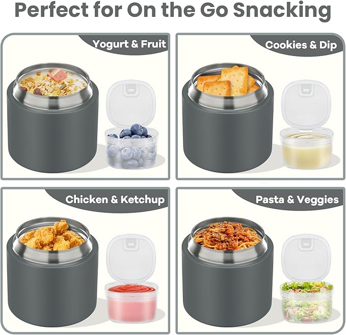 2-In-1 Soup Thermo for Hot Food Kids, 15 Oz Insulated Food Container and a Snack Box, Wide Mouth, Leak Proof, Stainless Steel Spoon, Dishwasher Safe Food Thermo Set for School, Work, Travel, Gray