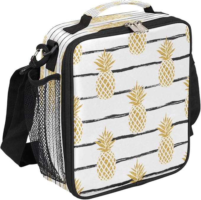 Golden Pineapple Kids Lunch Box Stripe Insulated Lunch Bag Tote for Girls Boys Cooler Freezable Meal Prep Bag with Shoulder Strap Waterproof Lunch Container for School Office Picnic
