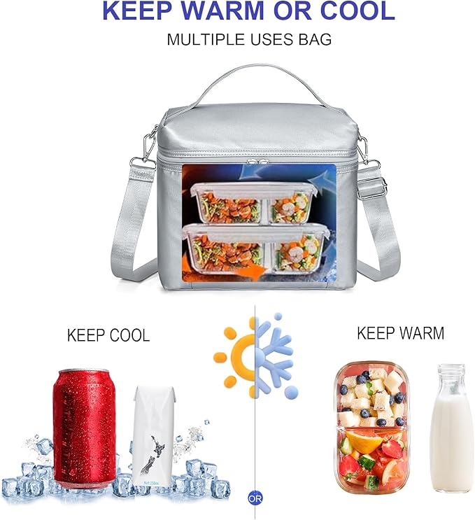 NOL Natural Organic Lifestyle Insulated Lunch Bags for Women Cooler Bag Lightweight Nylon Waterproof Lunch Box For Work (Silver, Medium(normal))