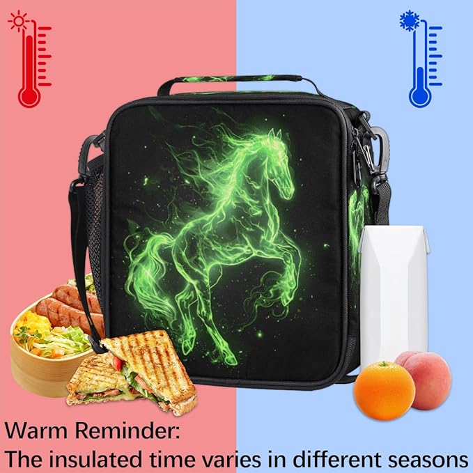 Lunch Box for Kids Boys Girls Green Fire Horse Kids Lunch Bag Insulated Lunch Bag Tote with Adjustable Shoulder Strap Teens Lunchbox Cooler School Picnic