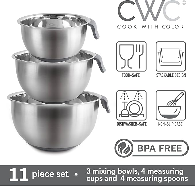 COOK WITH COLOR Stainless Steel Mixing Bowls Set and Measuring Cups - Nesting Bowls with Non-Slip Bottom and Easy-Grip Handles, Grey, 11 Pieces