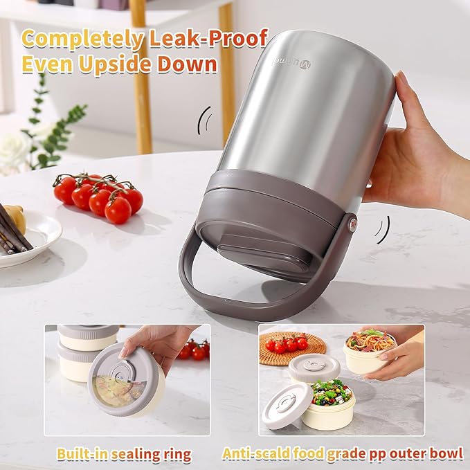 Adults Lunch Vacuum Soup Thermos For Hot Food with Inserts Stackable Bento Box Storage Container,Width Mouth Stainless Steel Portable Insulated Food Jar (silvery, 74 oz)